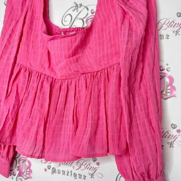 Wayf top long sleeve pink plaid print puff shoulders cute with button cuffs BNWT - Picture 3 of 13